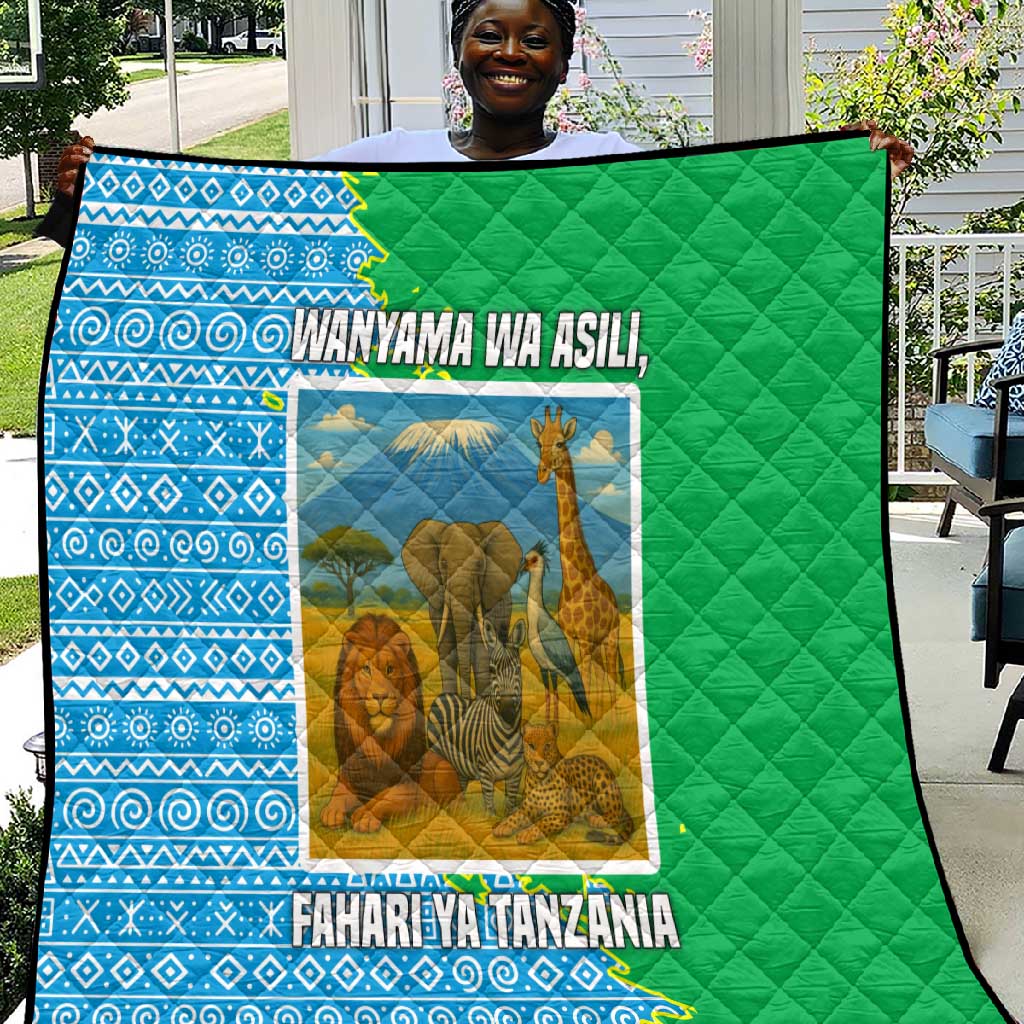 Tanzania Wildlife Quilt - Tribal Print and Mount Kilimanjaro Safari Scene TS04