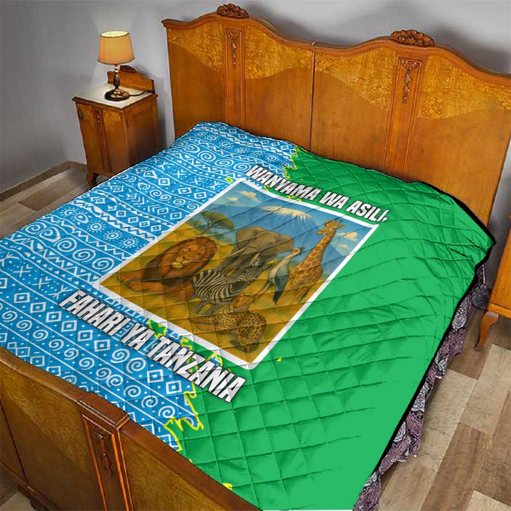 Tanzania Wildlife Quilt - Tribal Print and Mount Kilimanjaro Safari Scene TS04