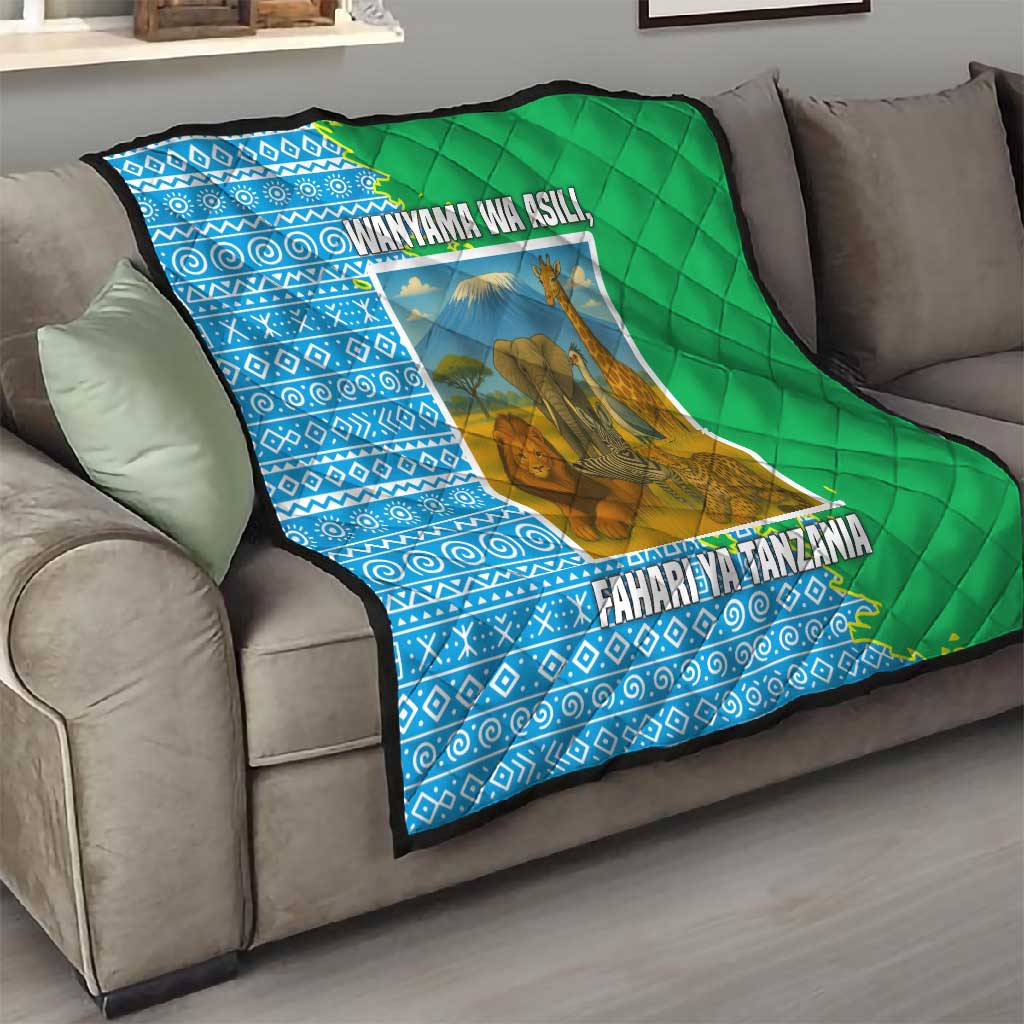 Tanzania Wildlife Quilt - Tribal Print and Mount Kilimanjaro Safari Scene TS04