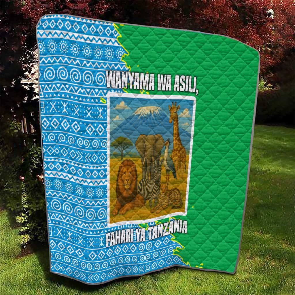 Tanzania Wildlife Quilt - Tribal Print and Mount Kilimanjaro Safari Scene TS04