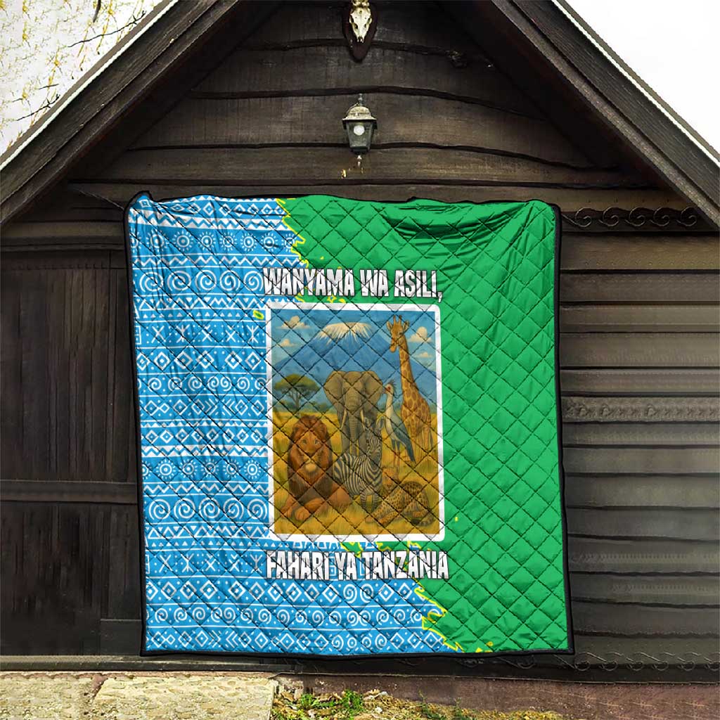 Tanzania Wildlife Quilt - Tribal Print and Mount Kilimanjaro Safari Scene TS04