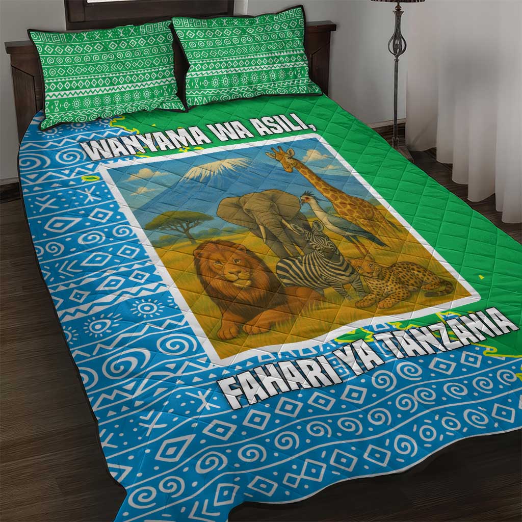 Tanzania Wildlife Quilt Bed Set - Tribal Print and Mount Kilimanjaro Safari Scene TS04