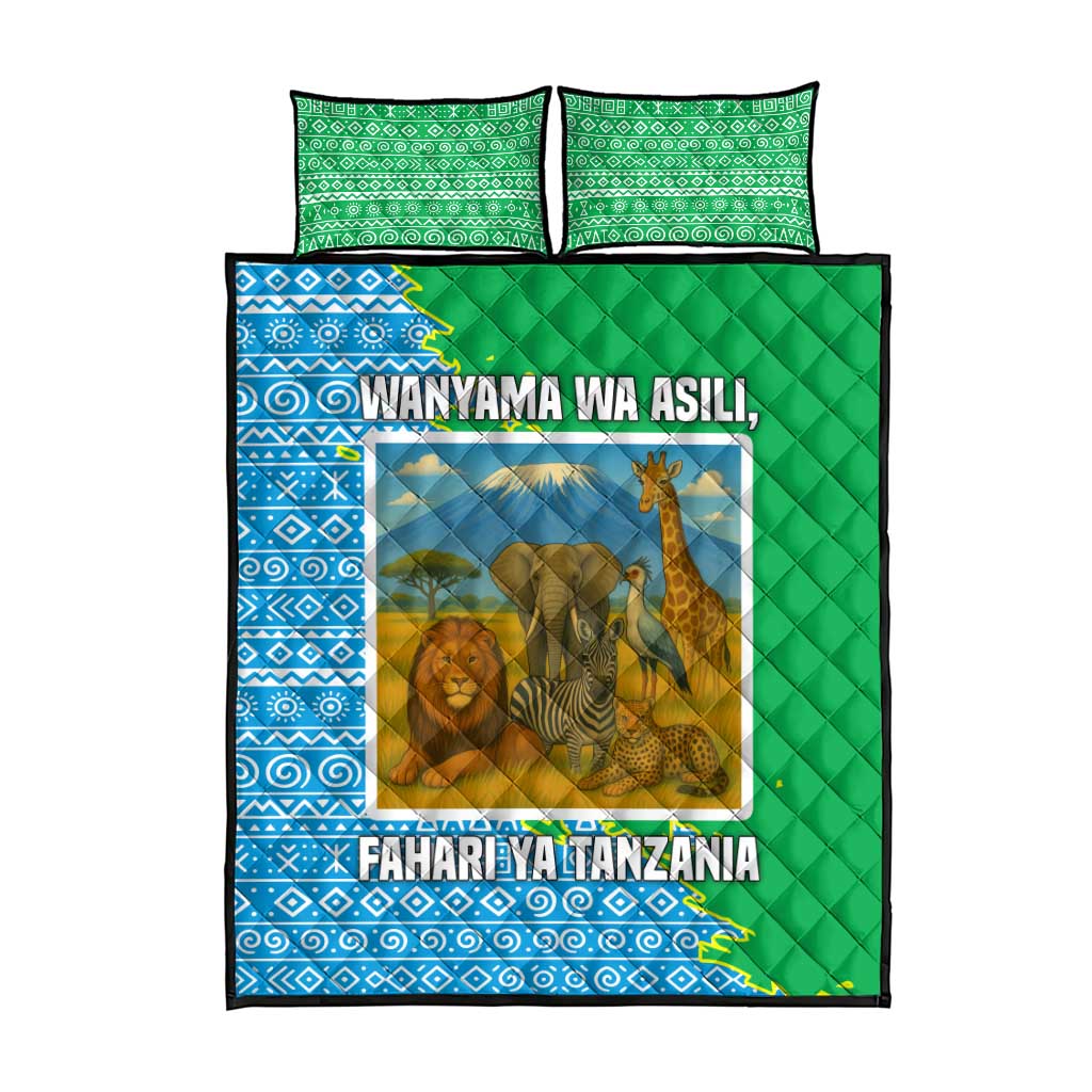 Tanzania Wildlife Quilt Bed Set - Tribal Print and Mount Kilimanjaro Safari Scene TS04