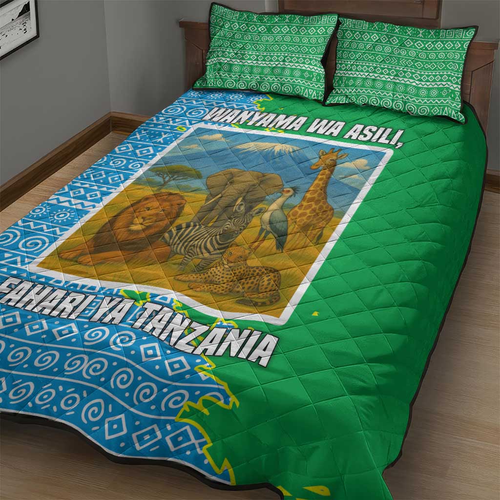 Tanzania Wildlife Quilt Bed Set - Tribal Print and Mount Kilimanjaro Safari Scene TS04