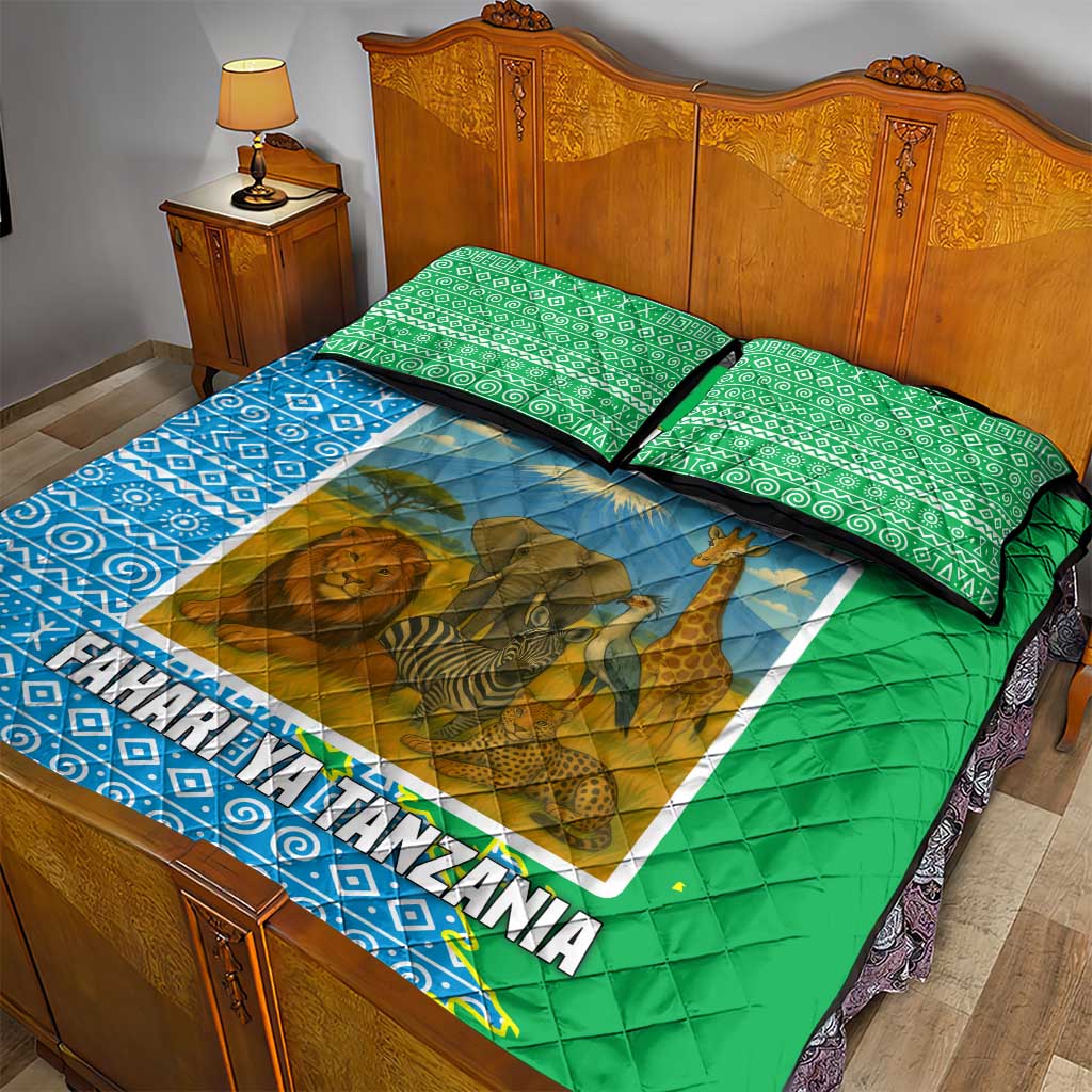 Tanzania Wildlife Quilt Bed Set - Tribal Print and Mount Kilimanjaro Safari Scene TS04