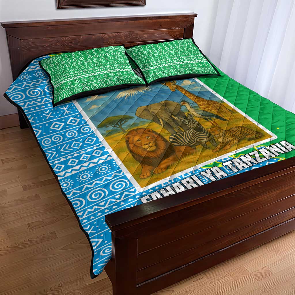 Tanzania Wildlife Quilt Bed Set - Tribal Print and Mount Kilimanjaro Safari Scene TS04