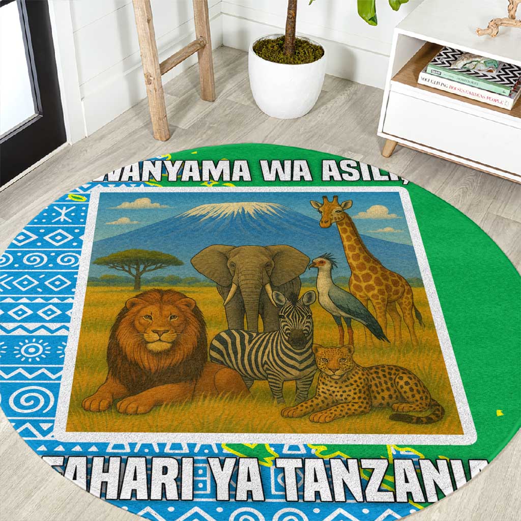 Tanzania Wildlife Round Carpet - Tribal Print and Mount Kilimanjaro Safari Scene TS04