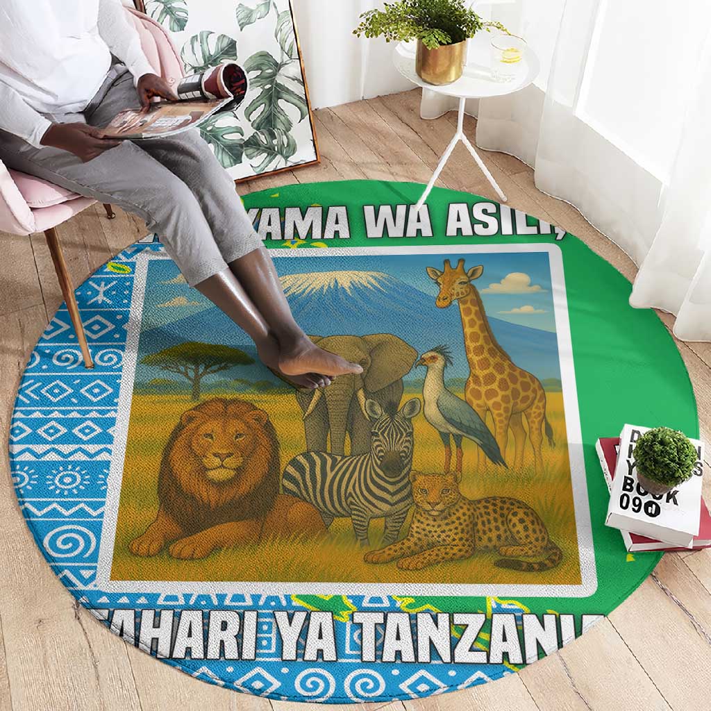 Tanzania Wildlife Round Carpet - Tribal Print and Mount Kilimanjaro Safari Scene TS04