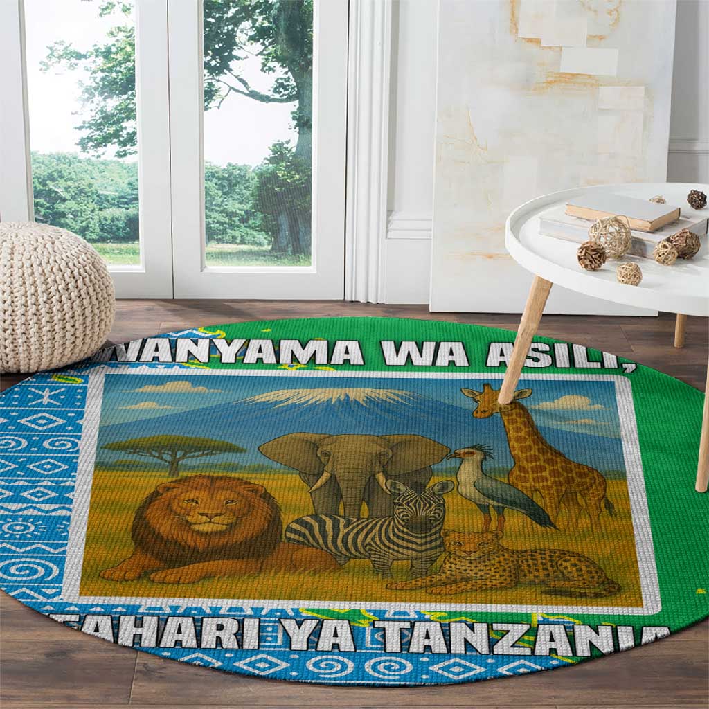 Tanzania Wildlife Round Carpet - Tribal Print and Mount Kilimanjaro Safari Scene TS04