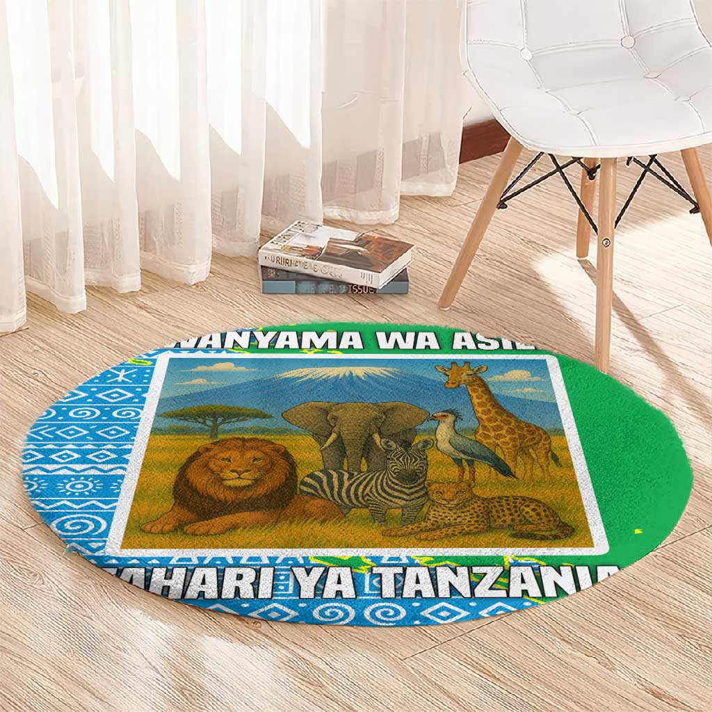 Tanzania Wildlife Round Carpet - Tribal Print and Mount Kilimanjaro Safari Scene TS04