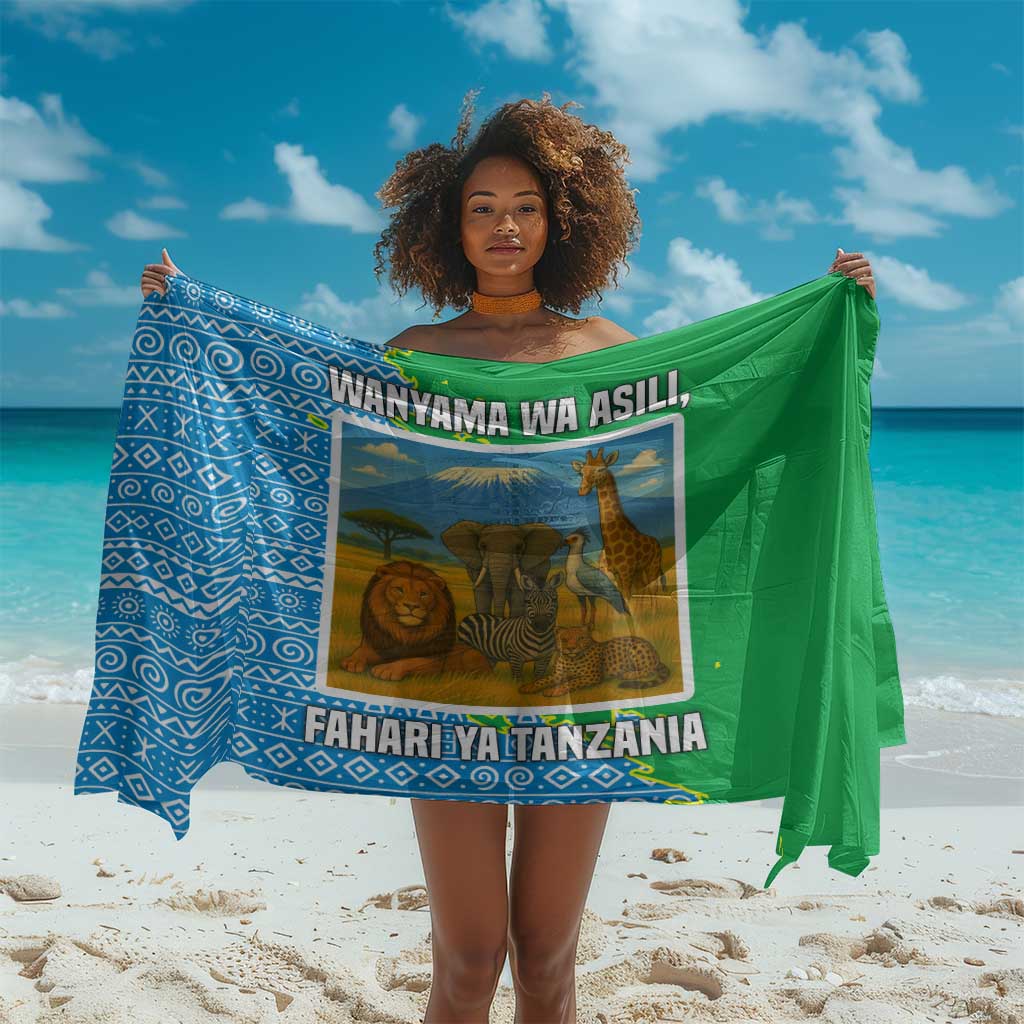 Tanzania Wildlife Sarong - Tribal Print and Mount Kilimanjaro Safari Scene TS04