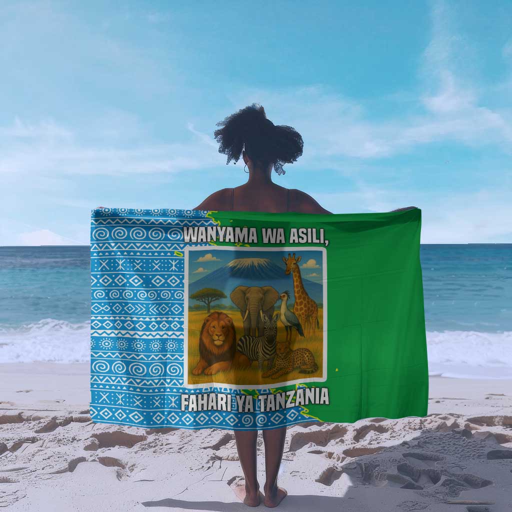 Tanzania Wildlife Sarong - Tribal Print and Mount Kilimanjaro Safari Scene TS04