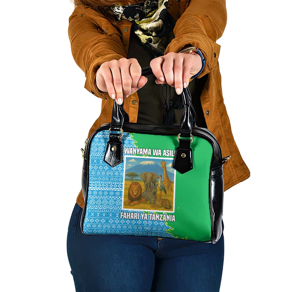 Tanzania Wildlife Shoulder Handbag with Tribal Print and Mount Kilimanjaro Safari Scene TS04