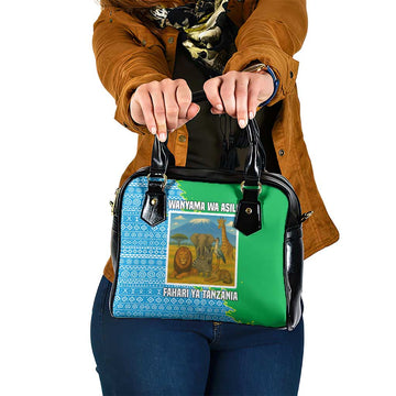 Tanzania Wildlife Shoulder Handbag with Tribal Print and Mount Kilimanjaro Safari Scene TS04