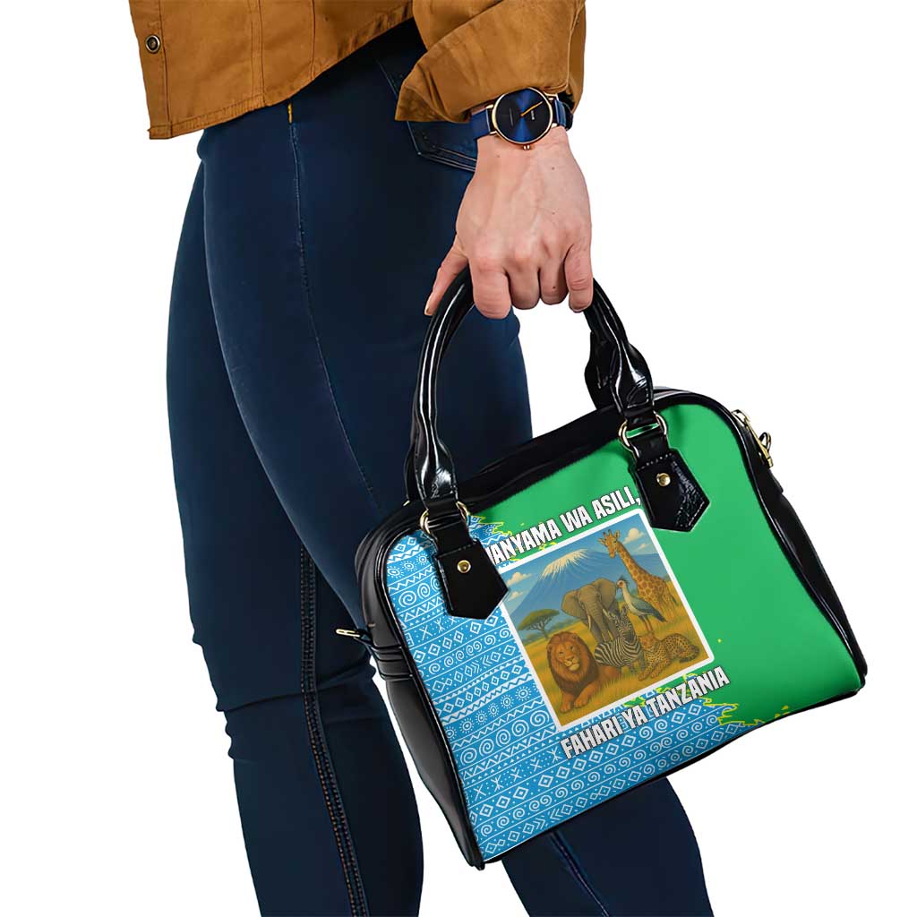 Tanzania Wildlife Shoulder Handbag with Tribal Print and Mount Kilimanjaro Safari Scene TS04