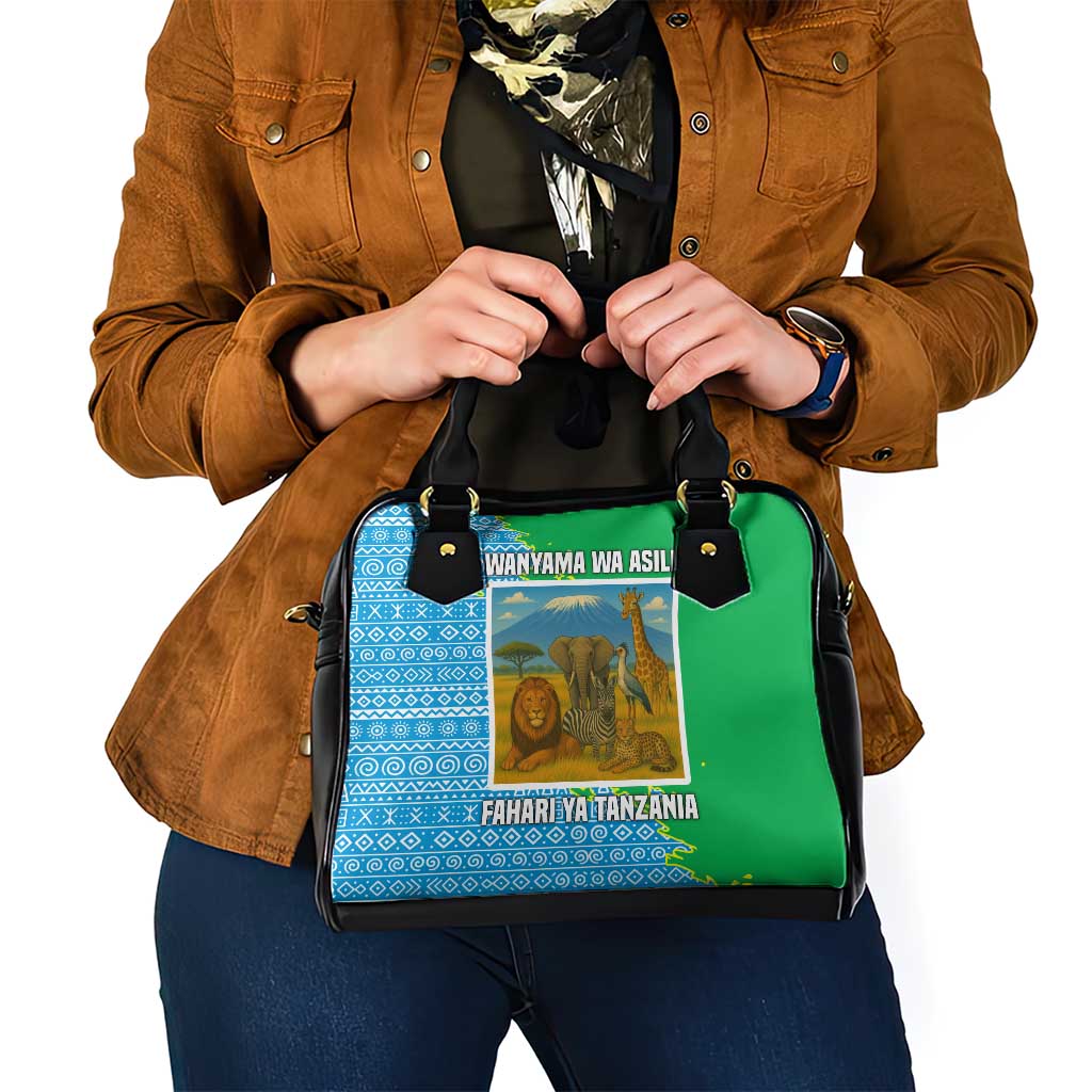 Tanzania Wildlife Shoulder Handbag with Tribal Print and Mount Kilimanjaro Safari Scene TS04