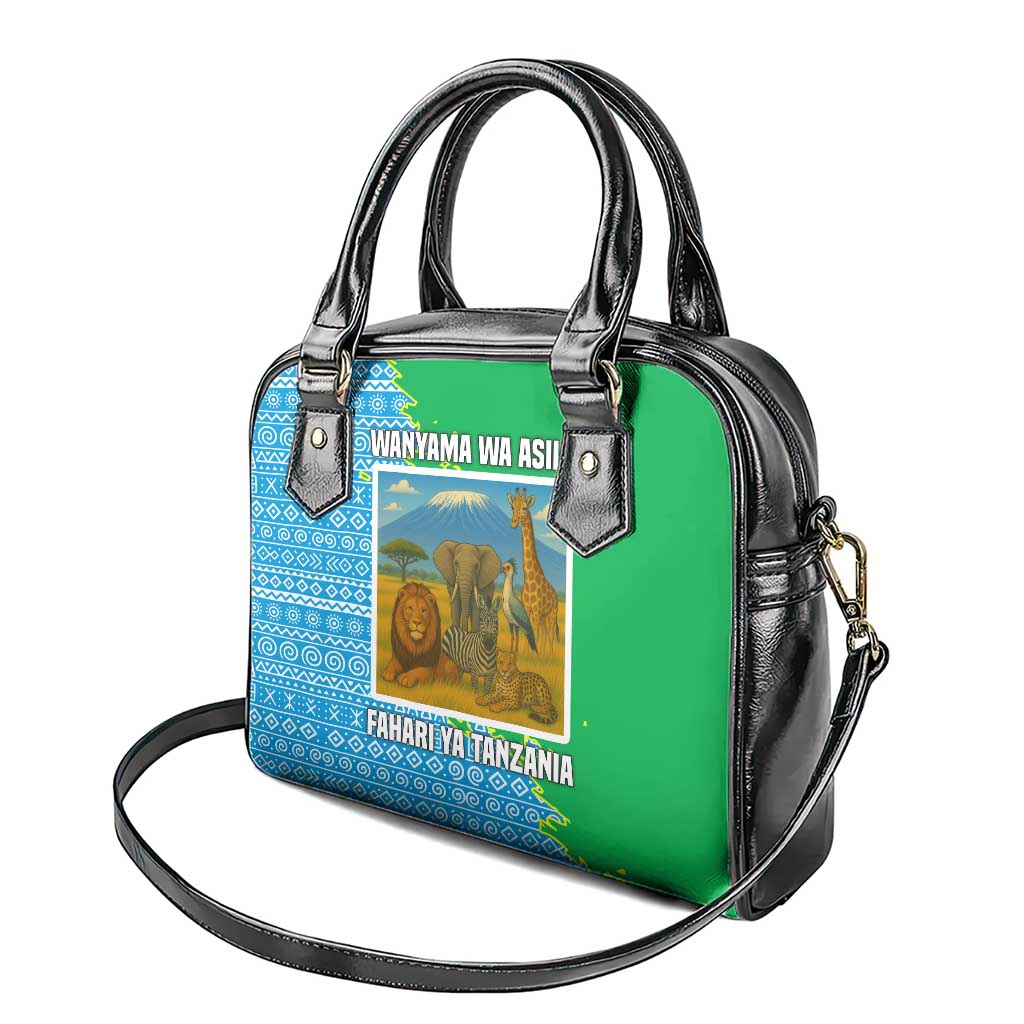 Tanzania Wildlife Shoulder Handbag with Tribal Print and Mount Kilimanjaro Safari Scene TS04
