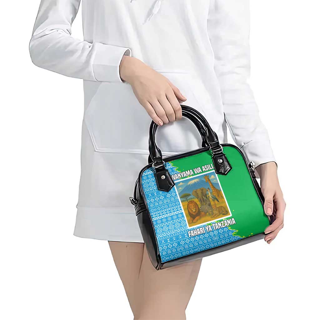 Tanzania Wildlife Shoulder Handbag with Tribal Print and Mount Kilimanjaro Safari Scene TS04