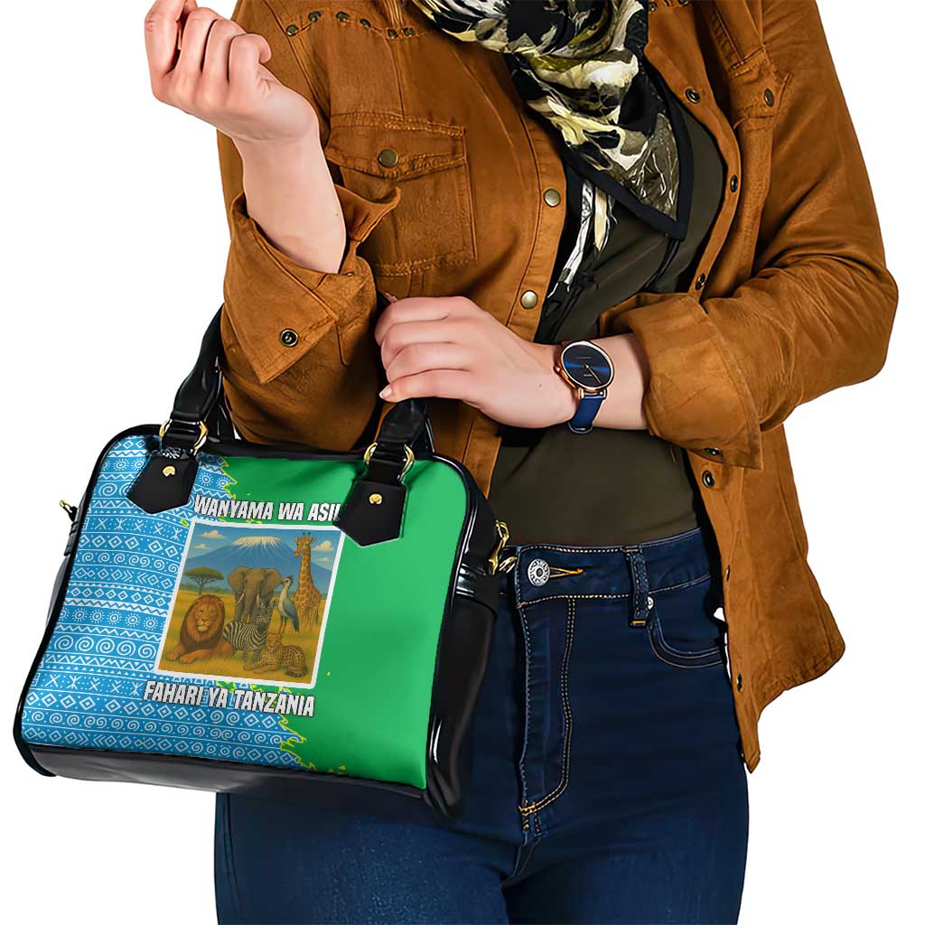Tanzania Wildlife Shoulder Handbag with Tribal Print and Mount Kilimanjaro Safari Scene TS04