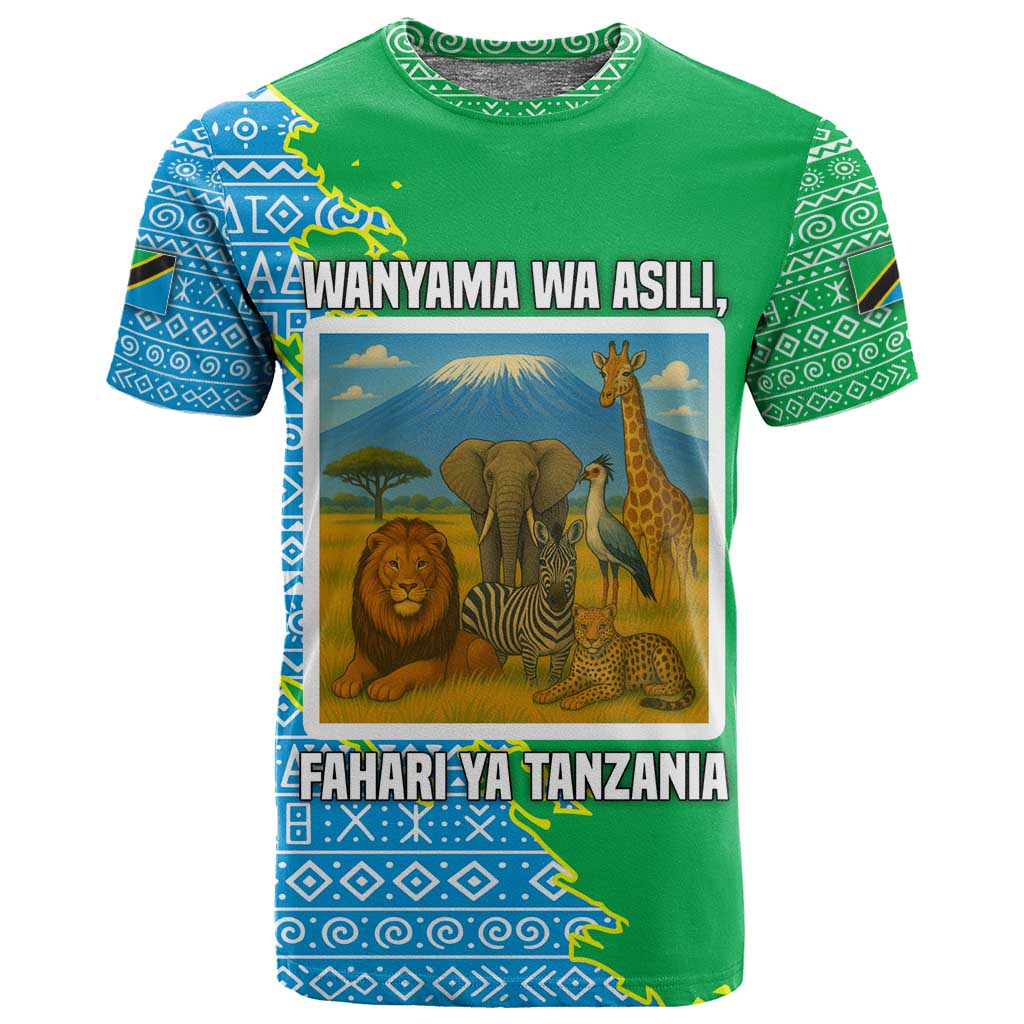 Tanzania Wildlife T shirt - Tribal Print and Mount Kilimanjaro Safari Scene TS04