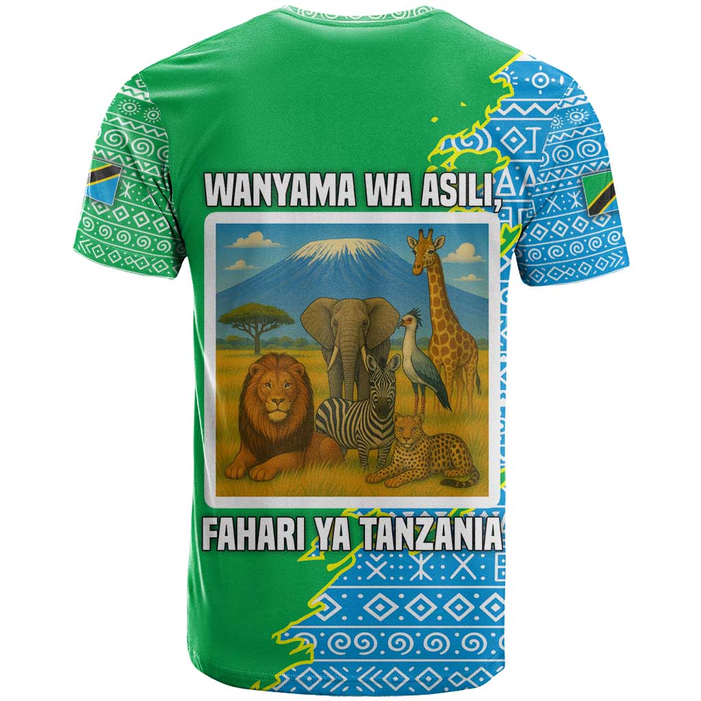 Tanzania Wildlife T shirt - Tribal Print and Mount Kilimanjaro Safari Scene TS04