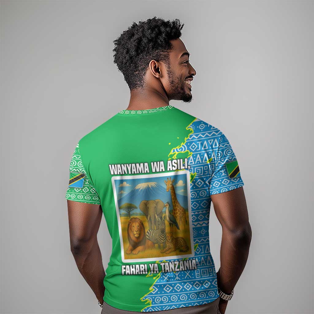 Tanzania Wildlife T shirt - Tribal Print and Mount Kilimanjaro Safari Scene TS04