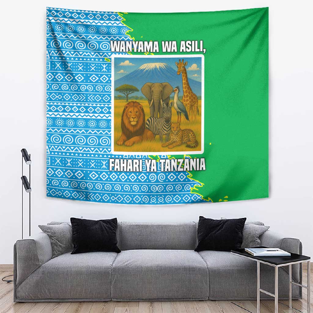 Tanzania Wildlife Tapestry - Tribal Print and Mount Kilimanjaro Safari Scene TS04