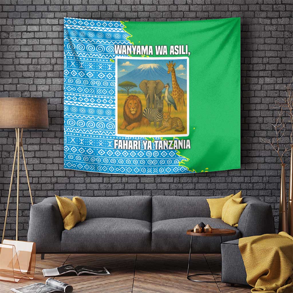 Tanzania Wildlife Tapestry - Tribal Print and Mount Kilimanjaro Safari Scene TS04