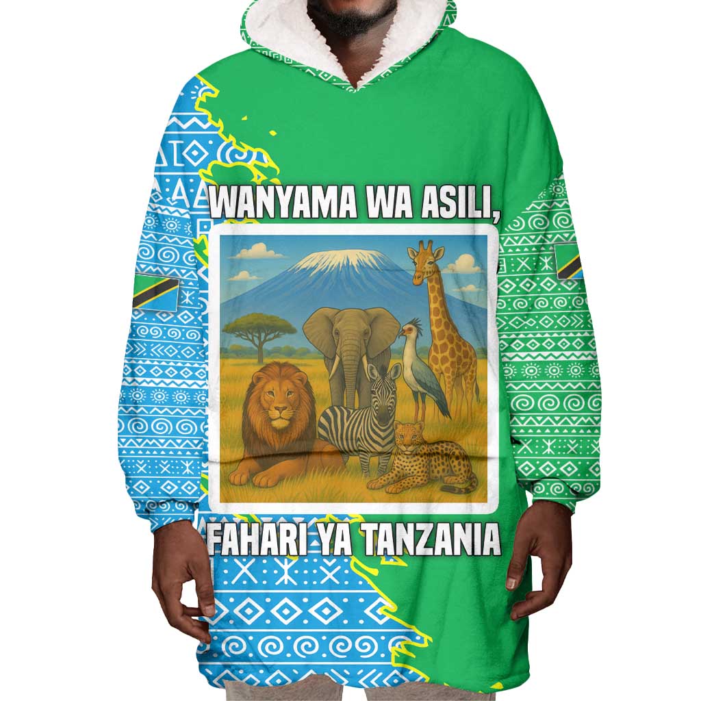 Tanzania Wildlife Wearable Blanket Hoodie - Tribal Print and Mount Kilimanjaro Safari Scene TS04