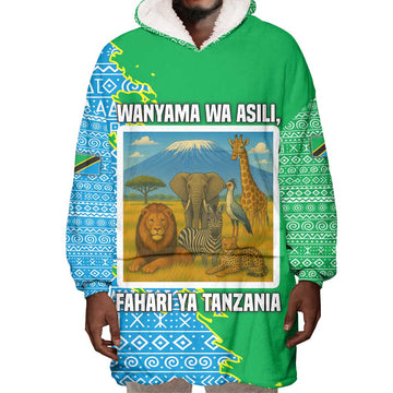 Tanzania Wildlife Wearable Blanket Hoodie - Tribal Print and Mount Kilimanjaro Safari Scene TS04
