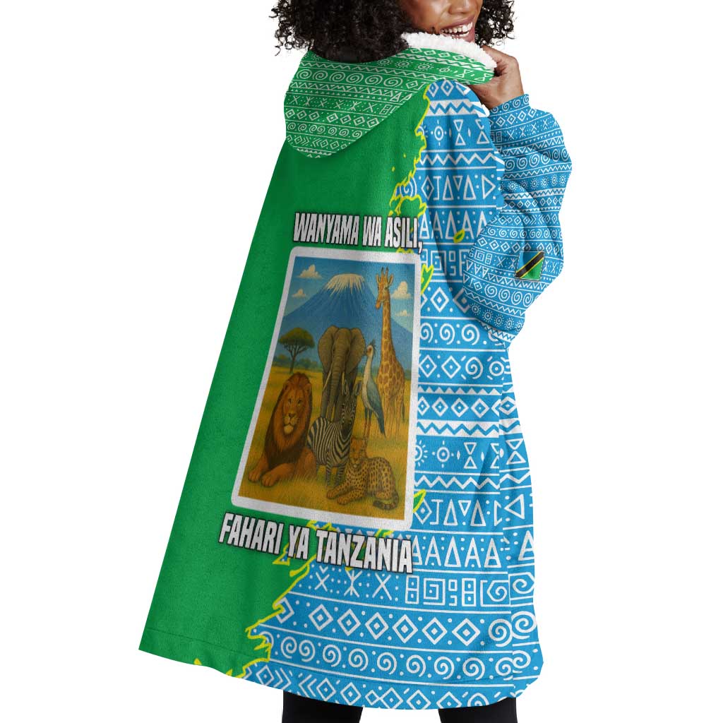 Tanzania Wildlife Wearable Blanket Hoodie - Tribal Print and Mount Kilimanjaro Safari Scene TS04