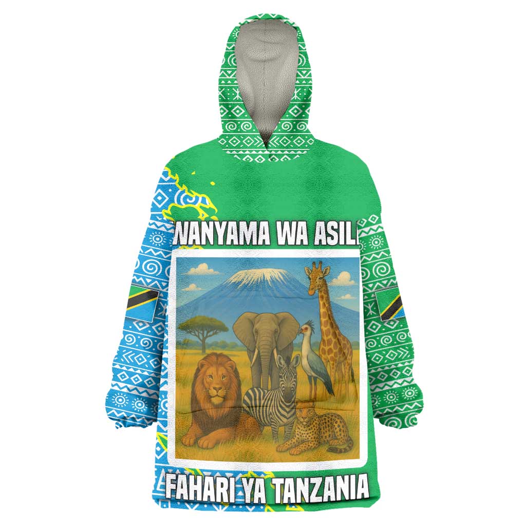 Tanzania Wildlife Wearable Blanket Hoodie - Tribal Print and Mount Kilimanjaro Safari Scene TS04