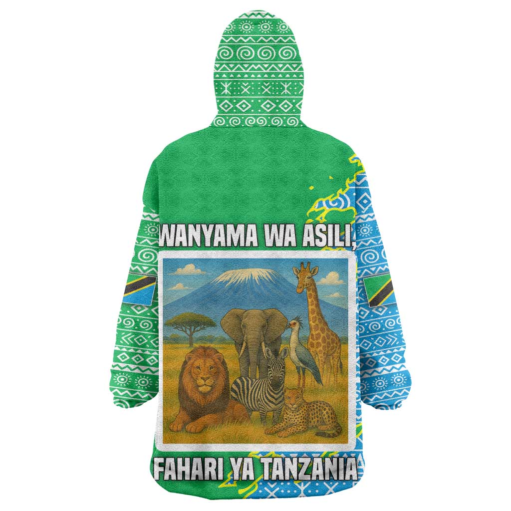 Tanzania Wildlife Wearable Blanket Hoodie - Tribal Print and Mount Kilimanjaro Safari Scene TS04
