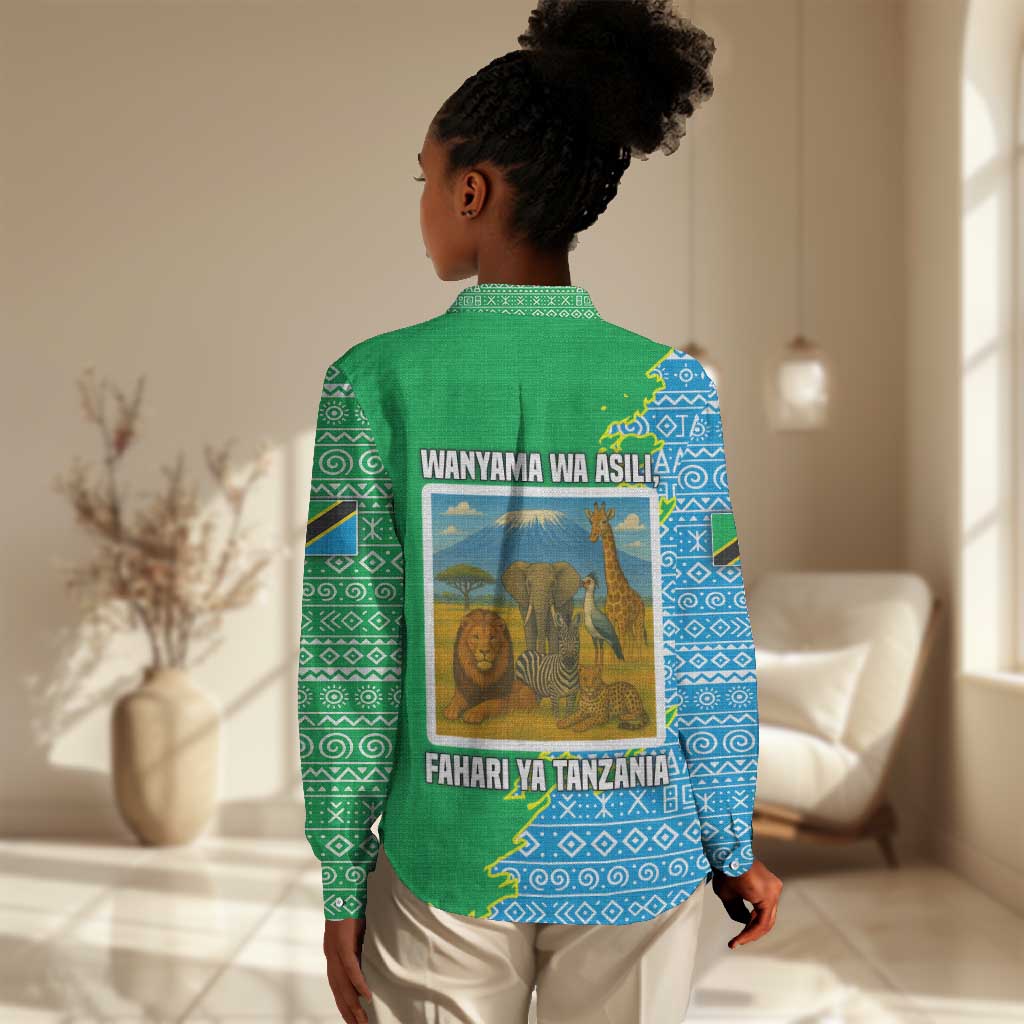 Tanzania Wildlife Women Casual Shirt - Tribal Print and Mount Kilimanjaro Safari Scene TS04
