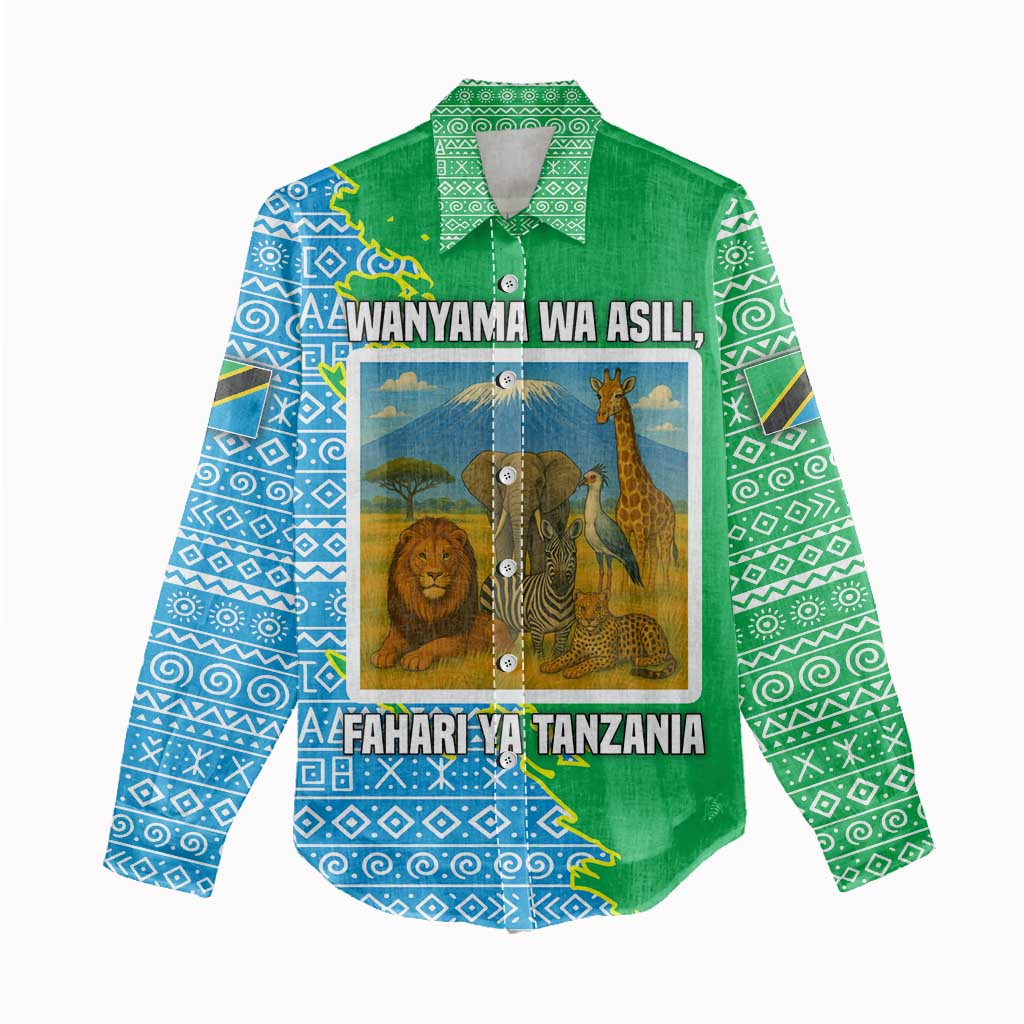 Tanzania Wildlife Women Casual Shirt - Tribal Print and Mount Kilimanjaro Safari Scene TS04