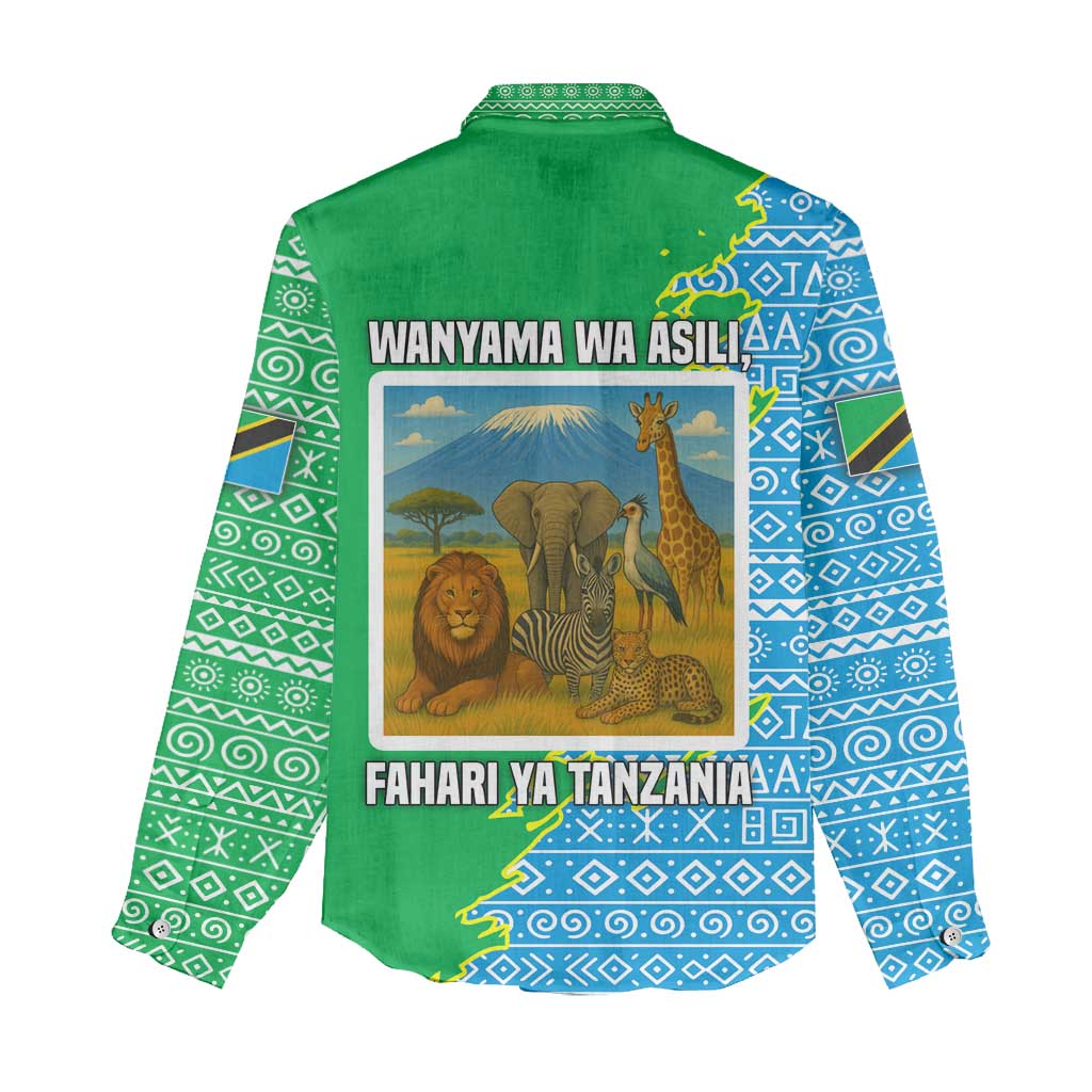 Tanzania Wildlife Women Casual Shirt - Tribal Print and Mount Kilimanjaro Safari Scene TS04