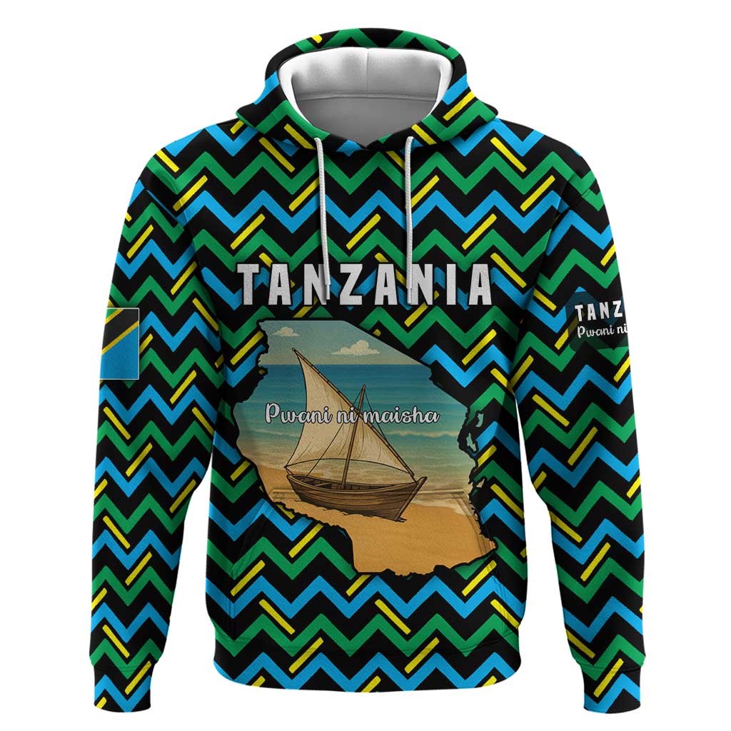 Tanzania Coastal Life Hoodie with Swahili Dhow Boat and Tribal Pattern TS04