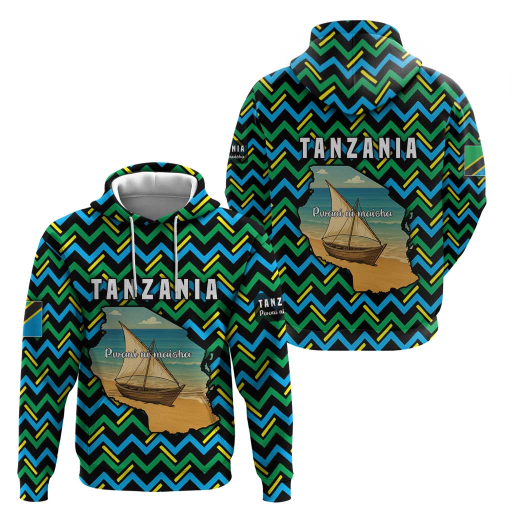 Tanzania Coastal Life Hoodie with Swahili Dhow Boat and Tribal Pattern TS04