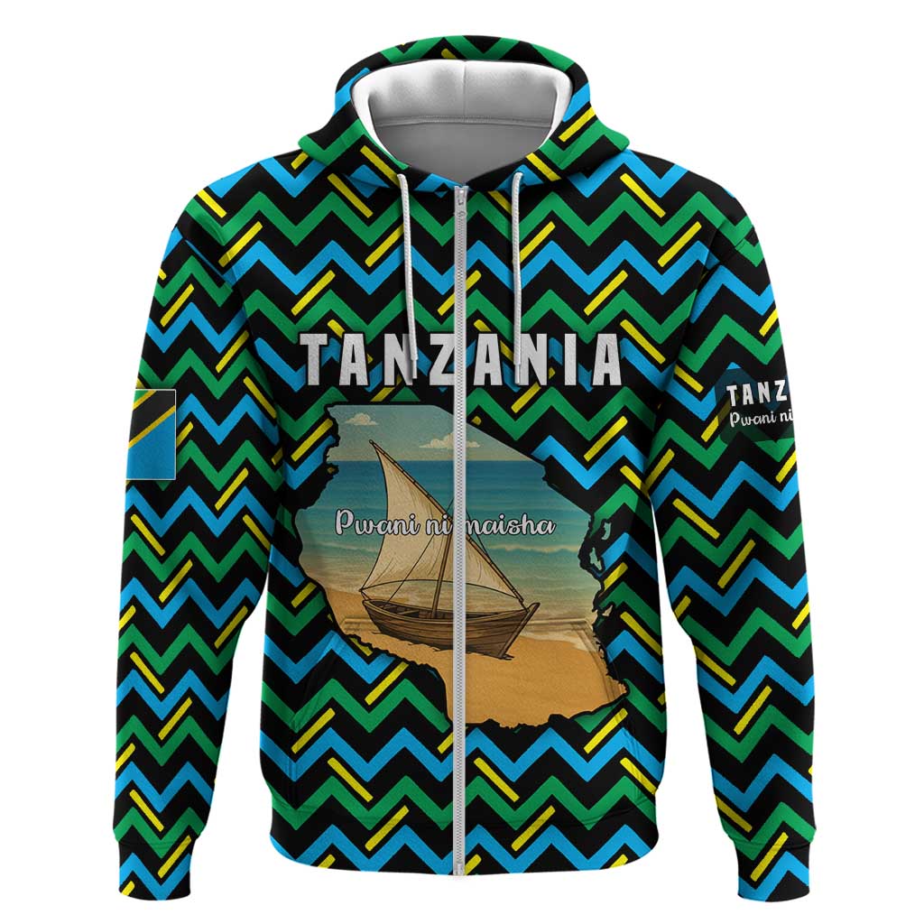 Tanzania Coastal Life Hoodie with Swahili Dhow Boat and Tribal Pattern TS04