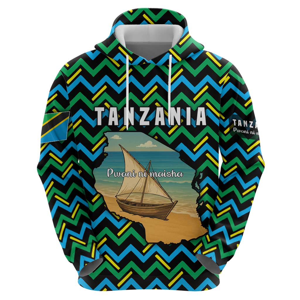Tanzania Coastal Life Hoodie with Swahili Dhow Boat and Tribal Pattern TS04
