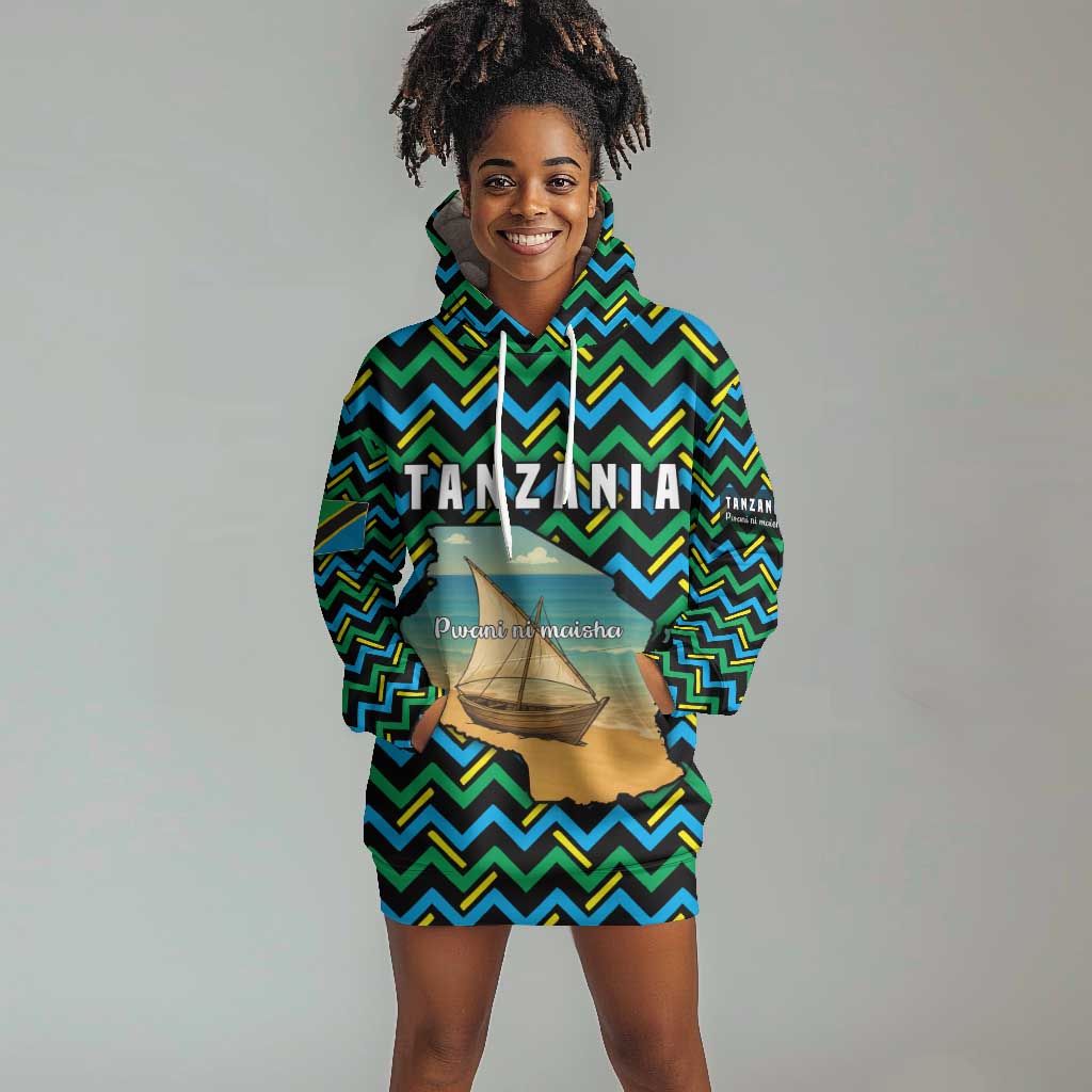 Tanzania Coastal Life Hoodie Dress - Swahili Dhow Boat and Tribal Pattern TS04