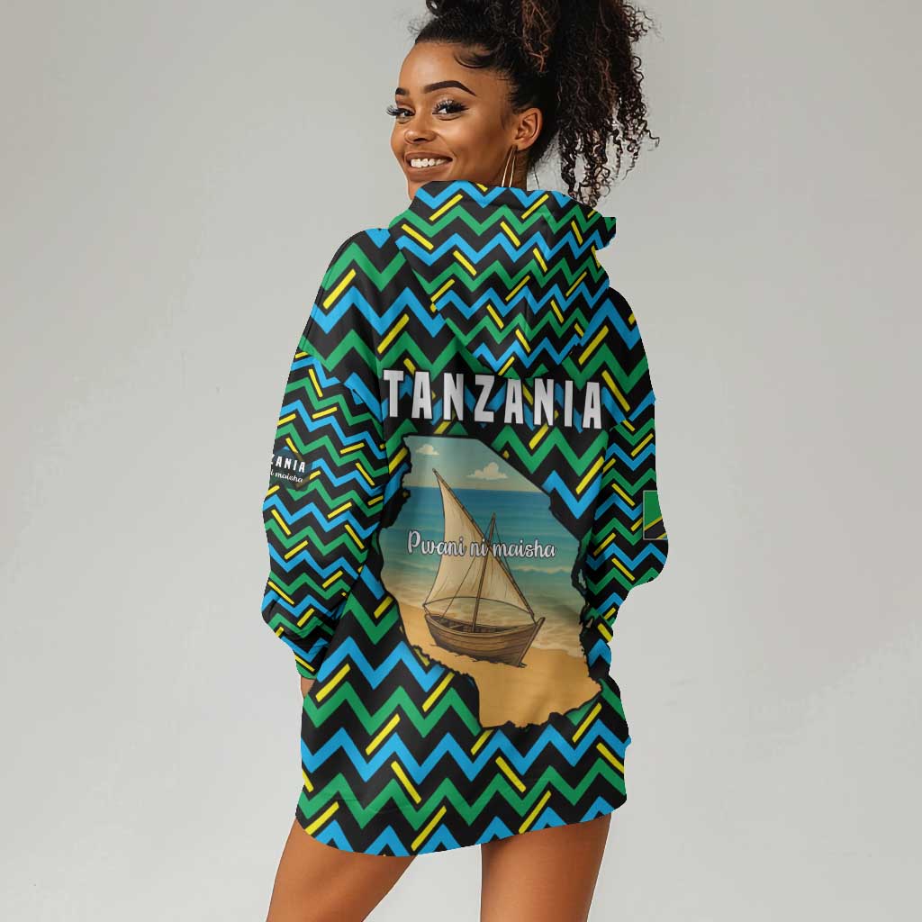 Tanzania Coastal Life Hoodie Dress - Swahili Dhow Boat and Tribal Pattern TS04