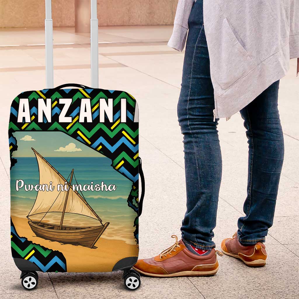 Tanzania Coastal Life Luggage Cover with Swahili Dhow Boat and Tribal Pattern TS04