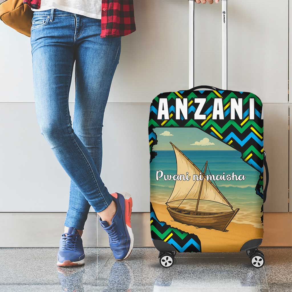 Tanzania Coastal Life Luggage Cover with Swahili Dhow Boat and Tribal Pattern TS04