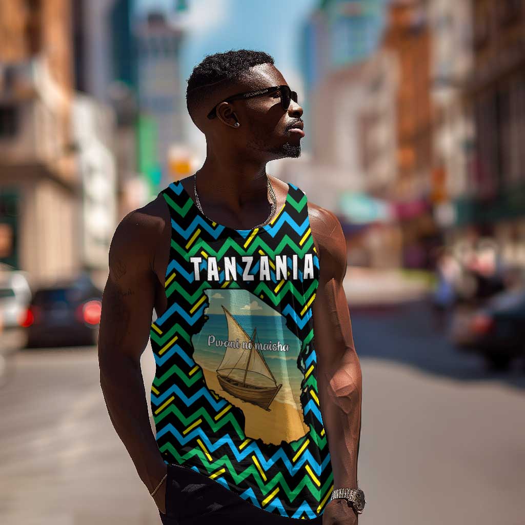Tanzania Coastal Life Men Tank Top - Swahili Dhow Boat and Tribal Pattern TS04