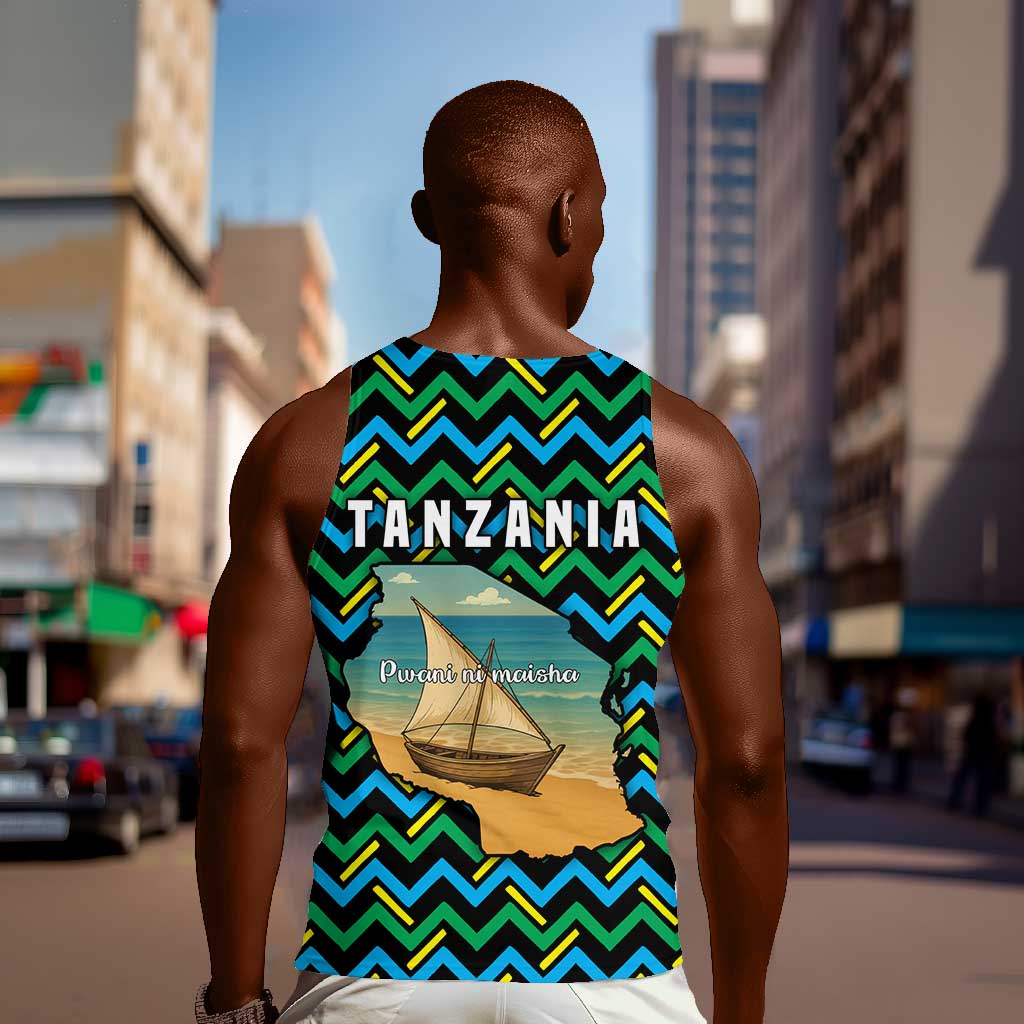 Tanzania Coastal Life Men Tank Top - Swahili Dhow Boat and Tribal Pattern TS04