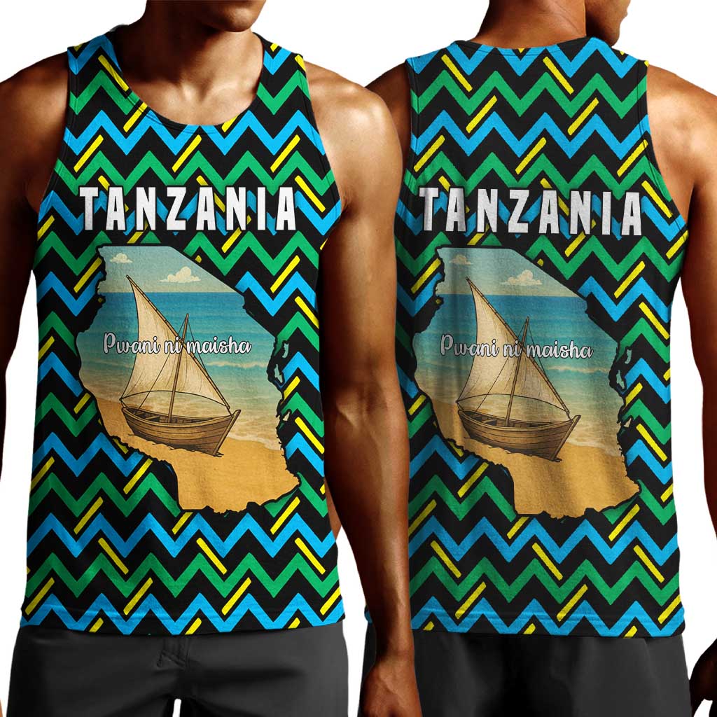 Tanzania Coastal Life Men Tank Top - Swahili Dhow Boat and Tribal Pattern TS04