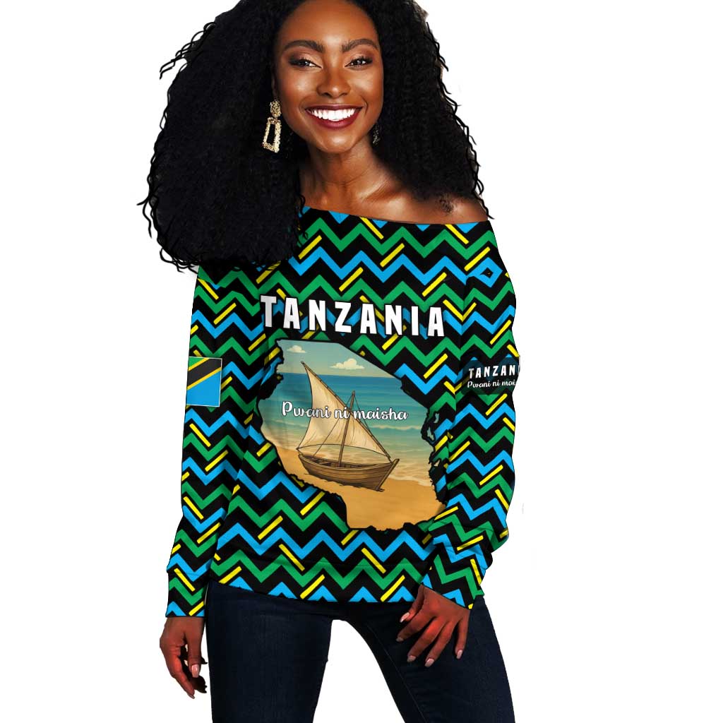 Tanzania Coastal Life Off Shoulder Sweater - Swahili Dhow Boat and Tribal Pattern TS04