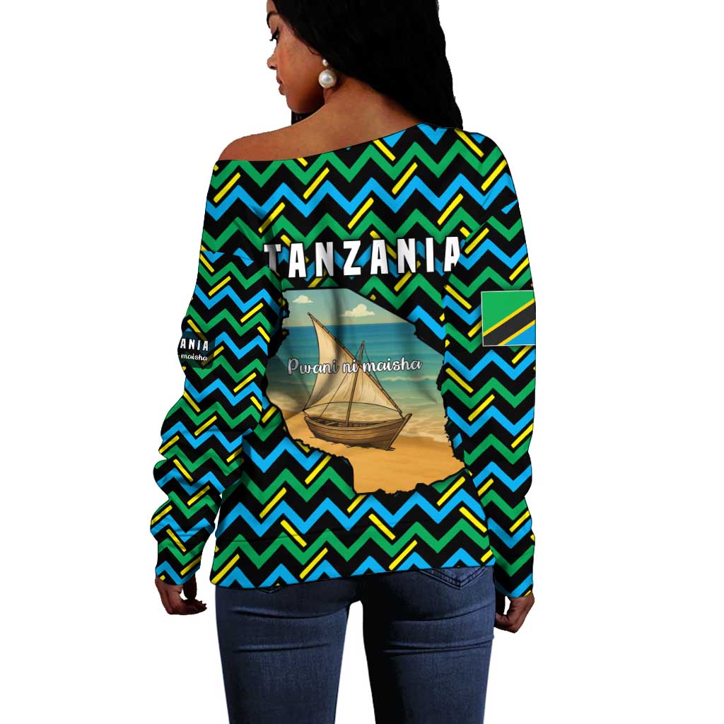 Tanzania Coastal Life Off Shoulder Sweater - Swahili Dhow Boat and Tribal Pattern TS04
