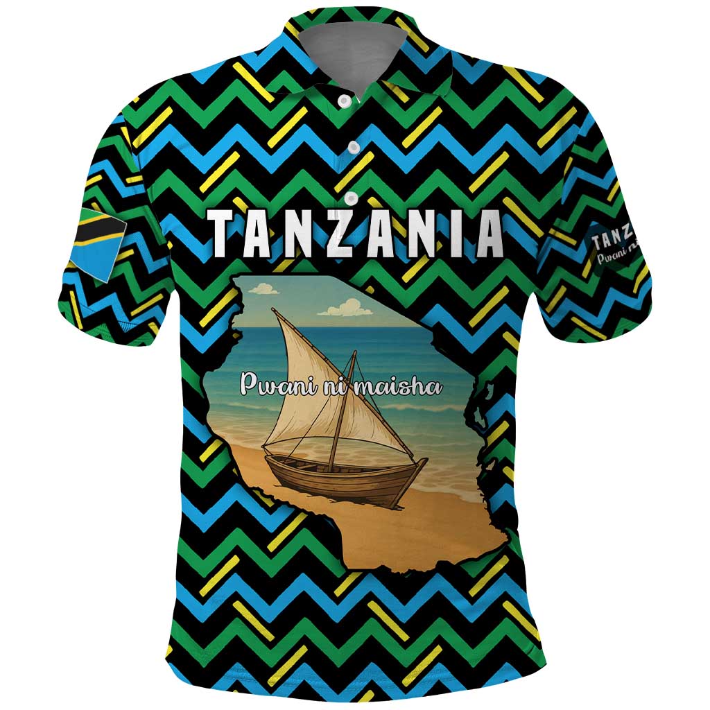 Tanzania Coastal Life Polo Shirt with Swahili Dhow Boat and Tribal Pattern TS04